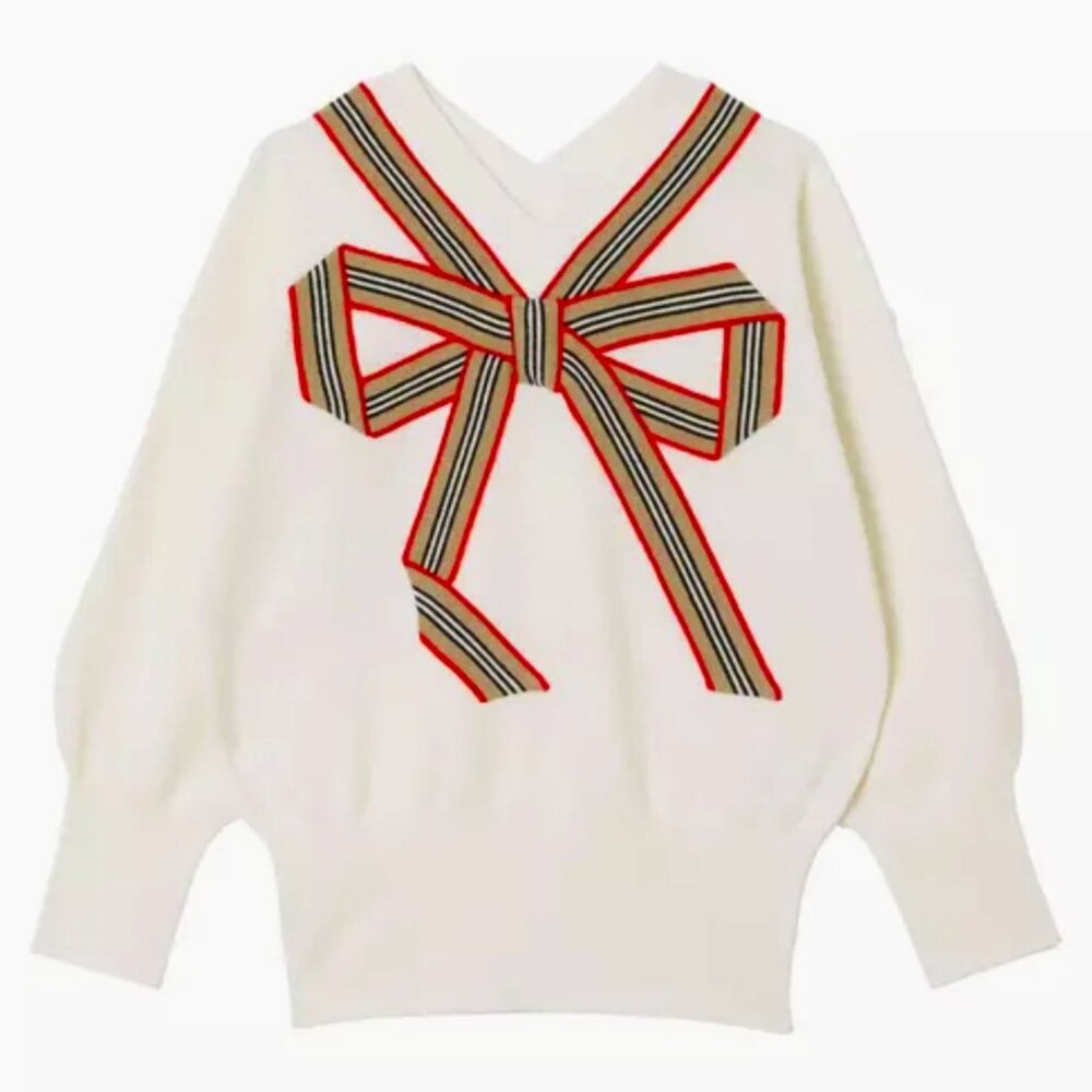 Burberry Girl Arabelle Icon Stripe Bow Wool Silk Top Sweater, Ivory, Sz 4Y, NWT!